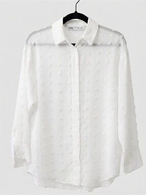 ZARA Cream Off White Sheer Pom Polka Dot Texture Romantic Button Front Blouse